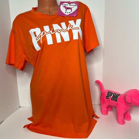 PINK Victoria's Secret Tops - Victoria’s Secret PINK L 100% Cotton Logo T-shirt Crewneck Super Soft Orange